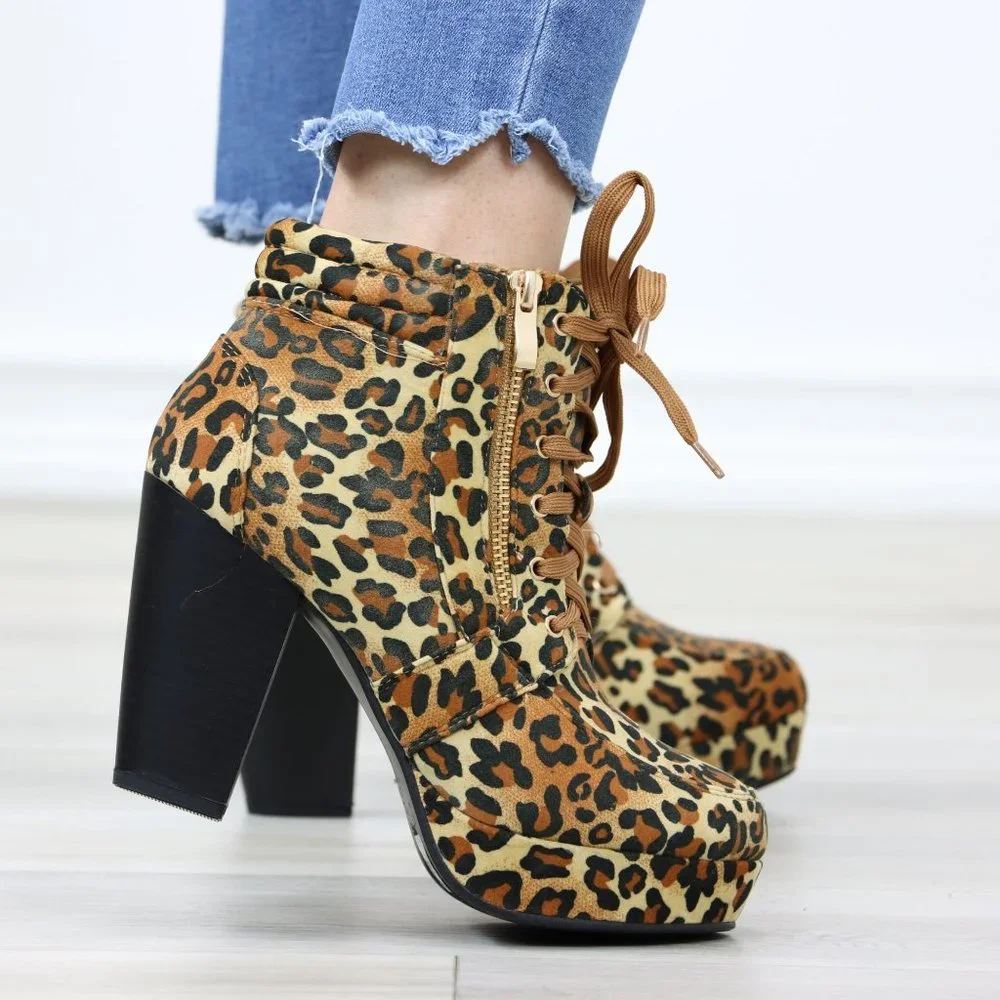 Leopard Platform Ankle Boots High Heel Leopard Faux Suede Lace-Up Block - Picture 5 of 12